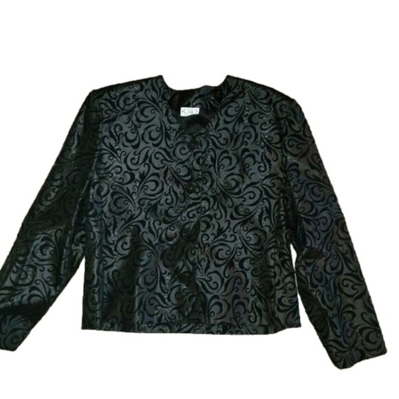 Koret 80s vintage velvet floral  trim crop jacket blazer black 10 - Picture 2 of 7